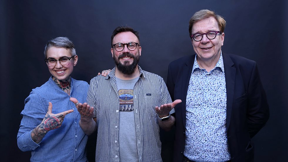 Podcast host Riku Rantala with Natalia Salmela, a media personality and a lifestyle blogger and Markku Ollikainen, Professor of Environmental and Resource Economics and the chair of the Finnish Climate Change Panel.