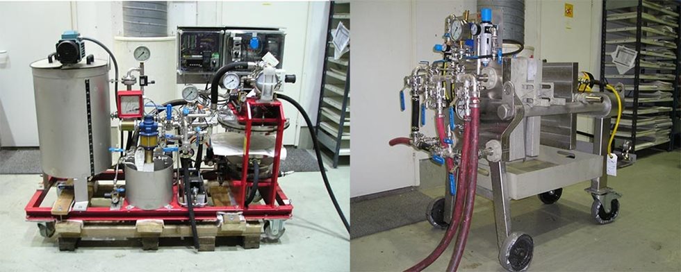 Test units used: Larox® PF 0.1 on the left and a conventional filter press on the right.