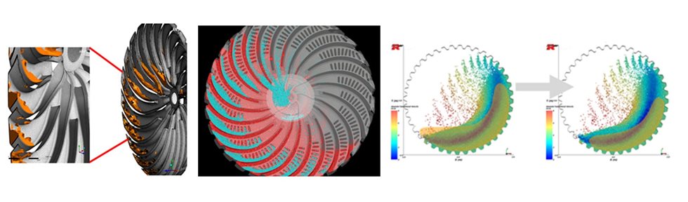 De izquierda a derecha: Imagen CFD del flujo de slurry en las cámaras del TPL Spiral, Imagen DEM del flujo de slurry en el molino (rojo) y en el TPL Spiral (azul), Reducción de la acumulación de slurry con el TPL Spiral lo que mejora la eficiencia del proceso de molienda  