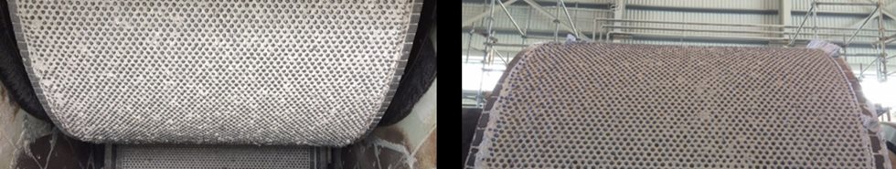 Non-flanged HPGR roll after 10,702 hours vs. Flanged HPGR roll after 16,200 hours (flanges removed)