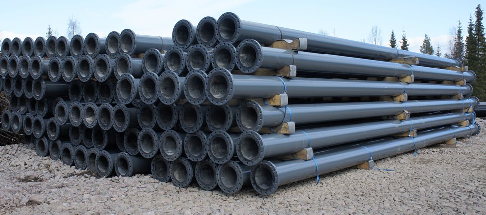 Pile of steel pipes for mining applications at Boliden Aitik mine yard. 